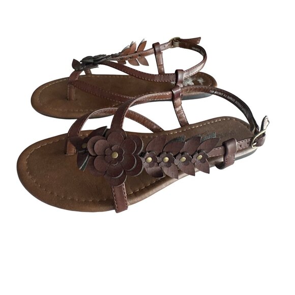 Madeleine Stuart Brown Flat Sandal Floral Embellished Thong Ankle Strap Size 7.5 - Picture 1 of 7